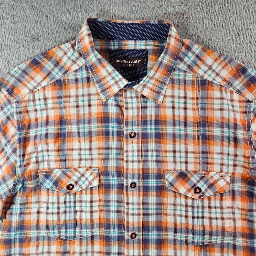 Johnston & Murphy Shirt Men Large Short Sleeve Orange Green Blue Plaid